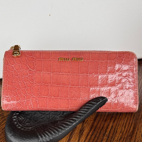 Miu Miu Handbags - Miu Miu Coral Croc-Embossed Wallet